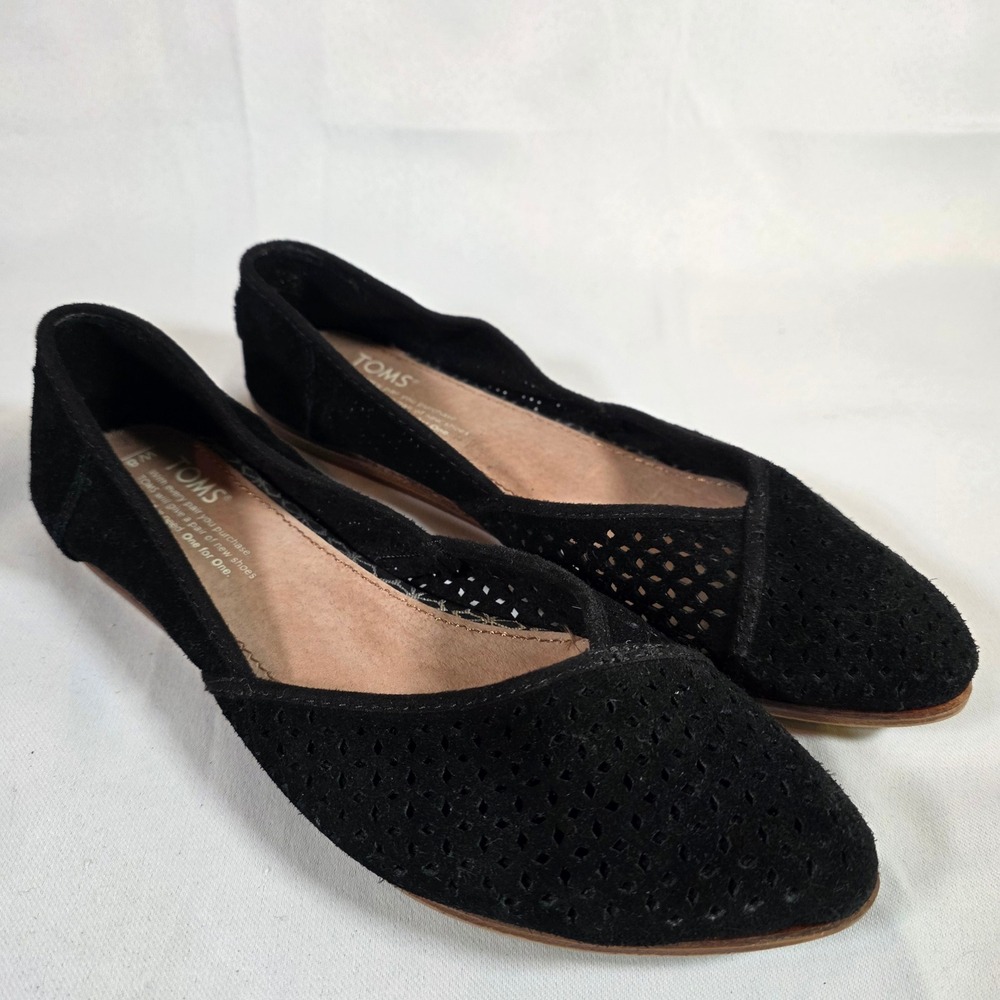 TOMS Jutti Black Suede Perforated Pointed Toe Ballet Flats Womens 8‎ Minimalist